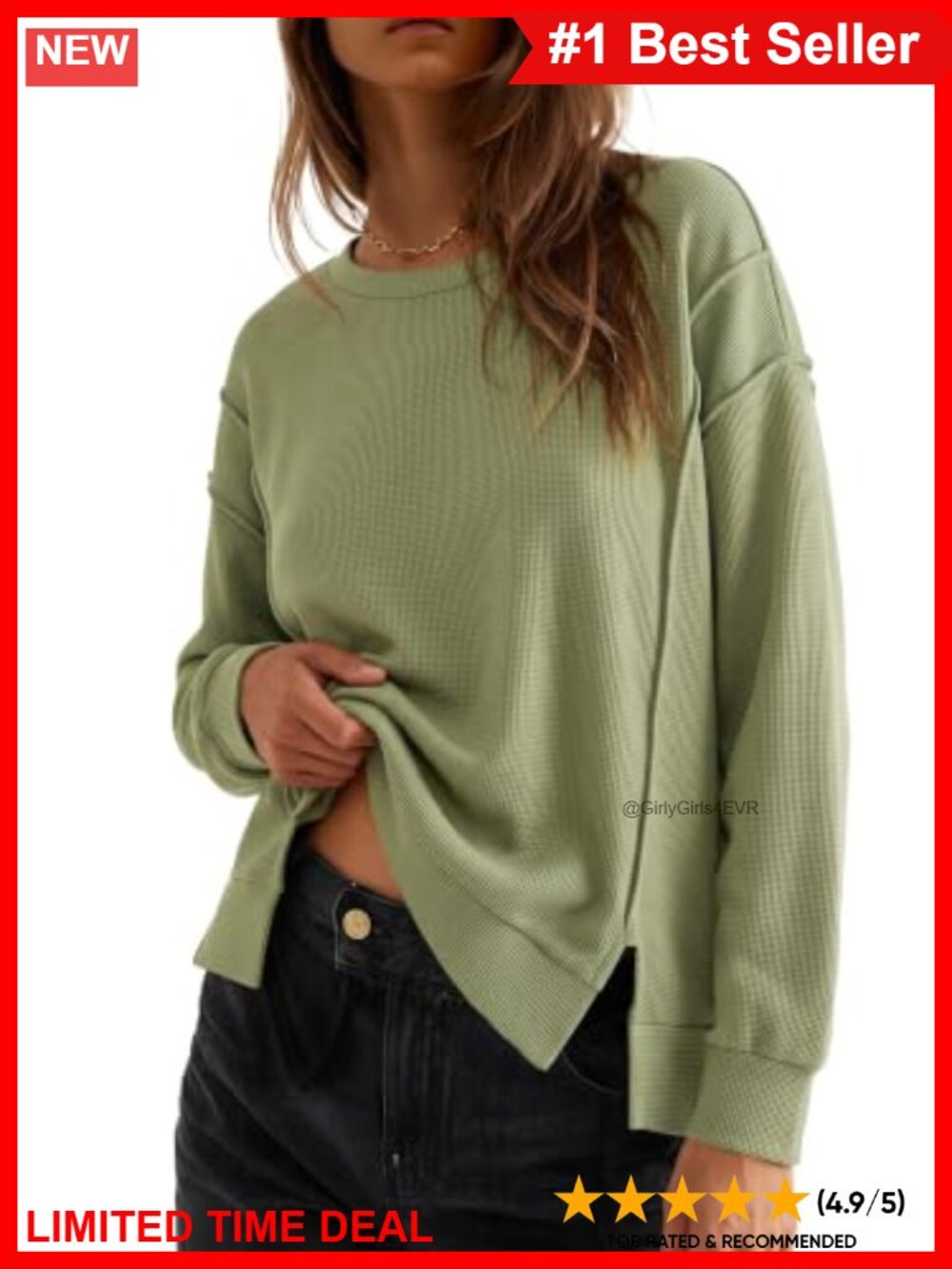 Waffle Knit Sweatshirt Long Sleeve Crewneck Loose Fit Pullover
